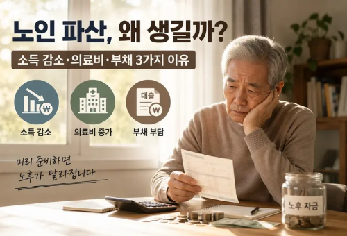 노인 파산의 원인인 소득 감소, 의료비 증가, 부채 부담을 보여주는 이미지