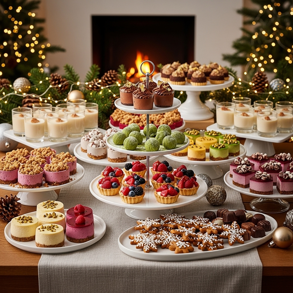 아늑한 크리스마스 홈파티 테이블에 놓인 다채롭고 고급스러운 비건 디저트 케이터링.