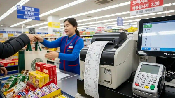 마트 계산대에서 계산 후 영수증이 기계에서 출력되고 있는 모습