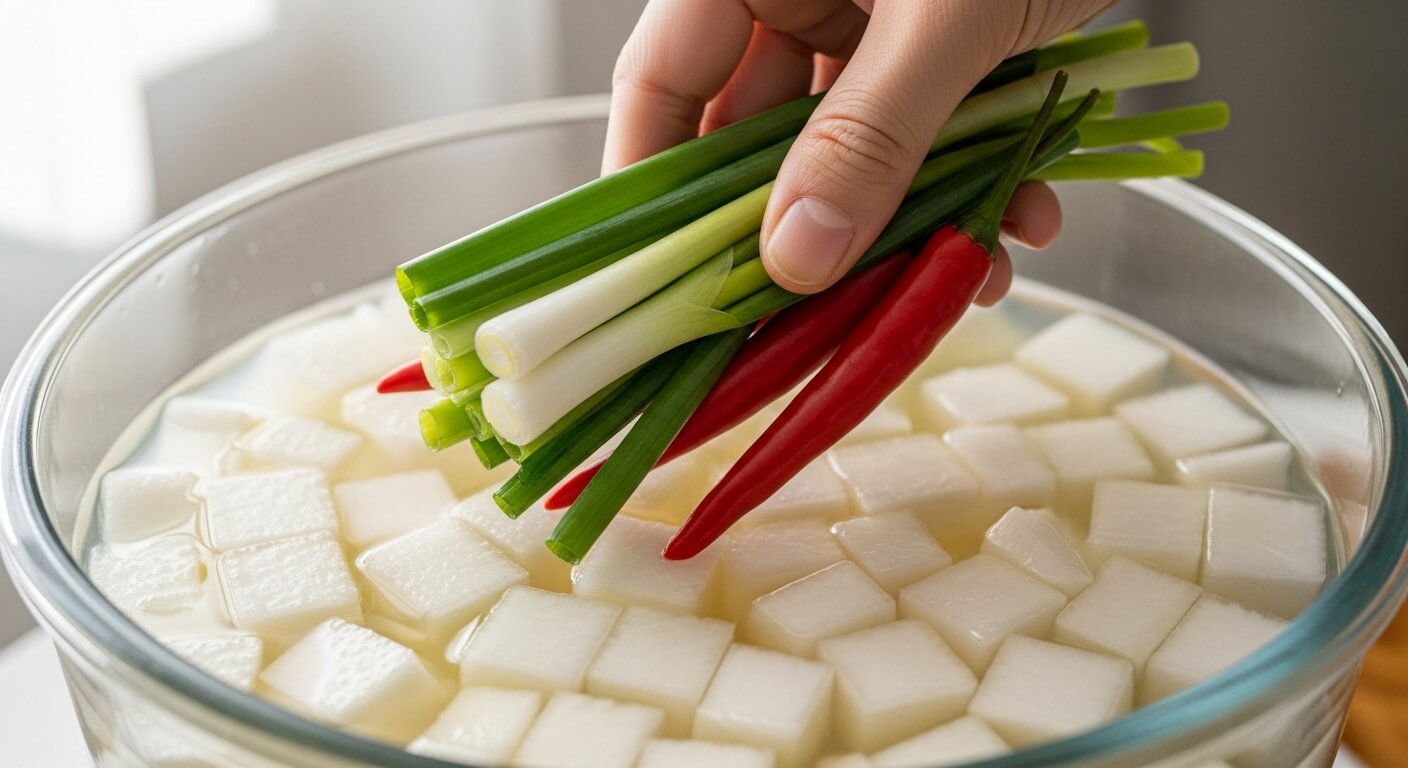 신선한 쪽파와 고추를 김치통에 담는 손의 클로즈업. 재료의 신선함이 돋보입니다.