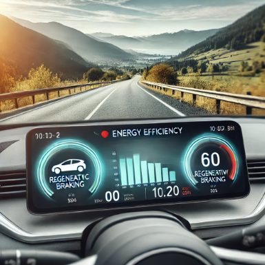 전기차 대시보드의 에너지 효율 지표, 회생 제동, 배터리 상태를 배경으로 한 멋진 도로 배경을 보여줍니다.
