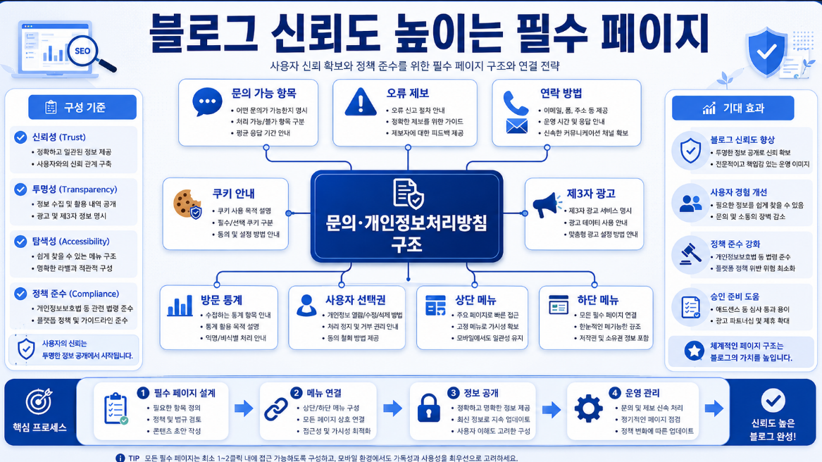 문의 가능 항목 쿠키 안내 제삼자 광고 방문 통계 사용자 선택권을 연결한 애드센스 필수 페이지 구조 이미지