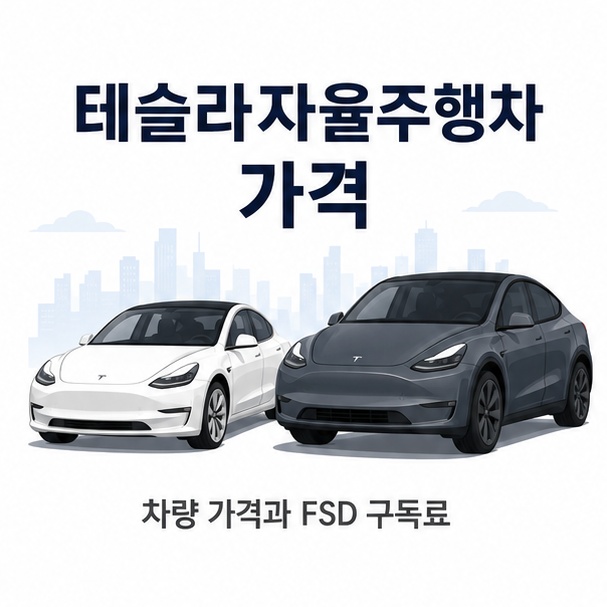 Model 3와 Model Y 형태의 전기차를 이용해 테슬라 자율주행차의 차량 가격과 FSD 비용을 함께 비교하는 이미지