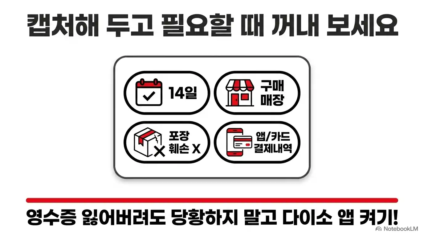다이소 환불 체크리스트와 영수증 없이 환불받는 방법 요약 이미지
