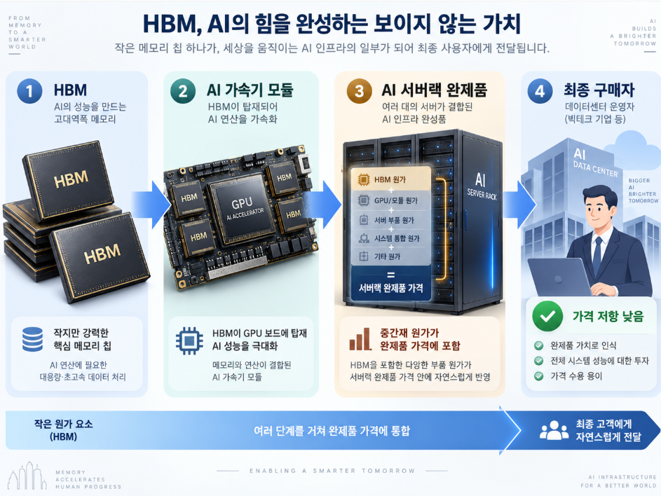HBM이 AI 서버랙 완제품 가격에 녹아들어 최종 구매자에게 가격 저항 없이 전달되는 중간재 구조를 표현한 일러스트