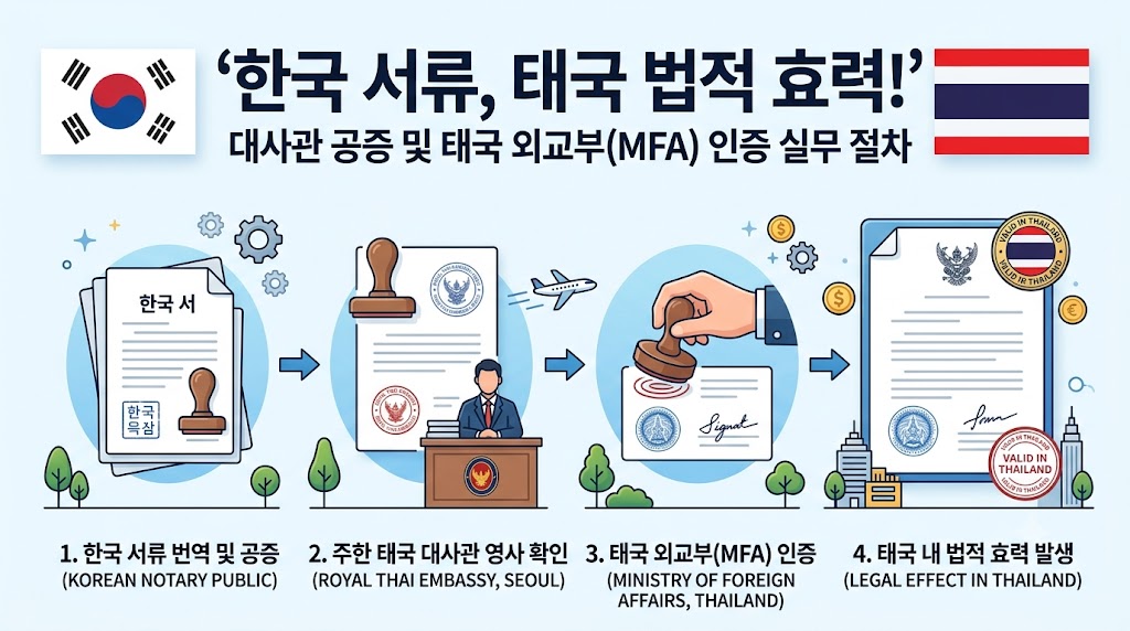 한국 가족관계증명서 번역 공증 및 태국 외교부 MFA 인증 스탬프가 찍힌 공문서 서류