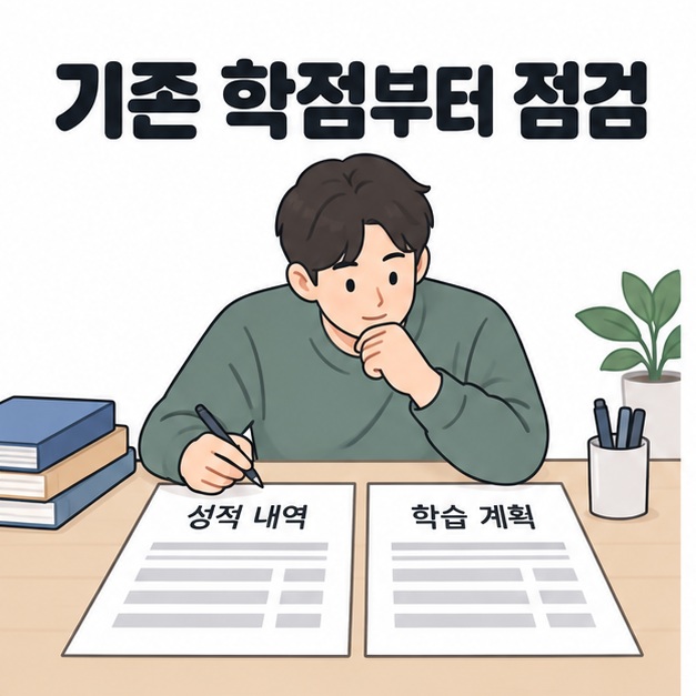 기존 학점부터 점검 제목 아래 학습자가 성적 내역과 학습 계획 문서를 나란히 놓고 검토하는 모습