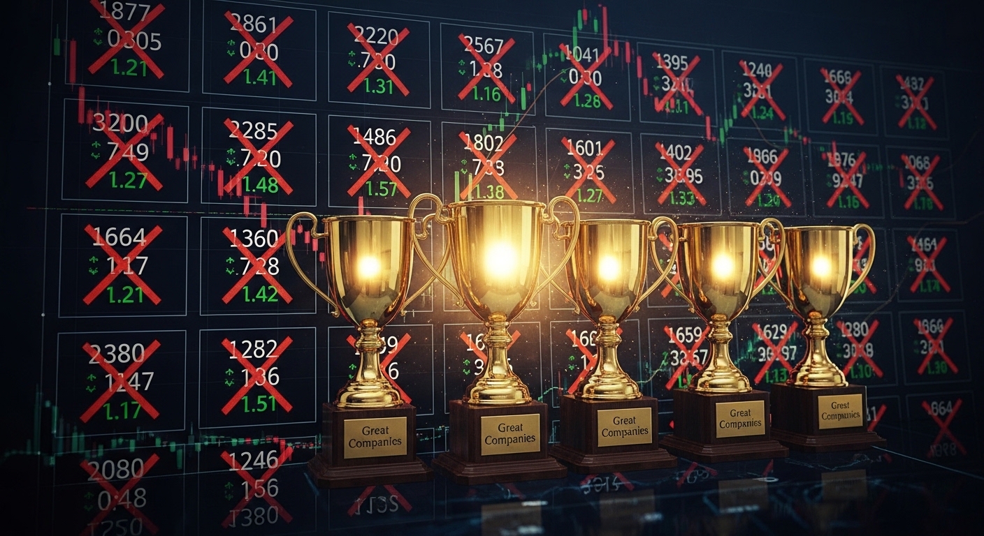 빼곡한 주식 종목 리스트 위로 커다란 'X' 표시가 그려져 있고, 단 몇 개의 위대한 기업만이 황금빛으로 빛나는 고화질 이미지