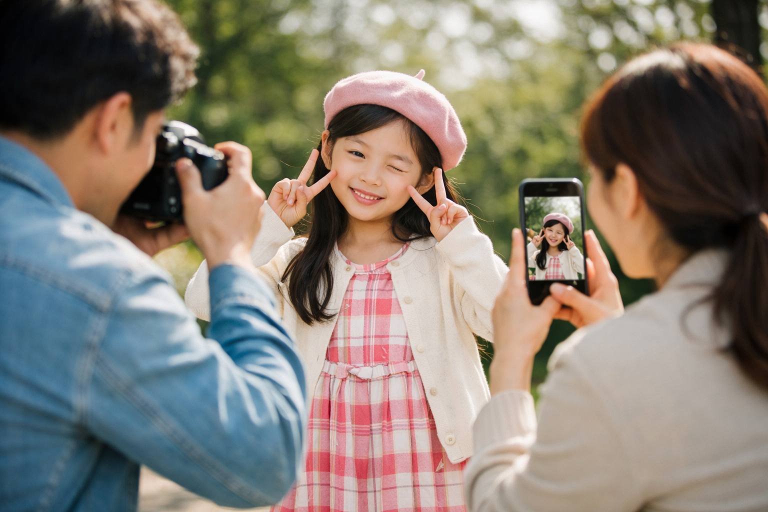 아이의 사진을 찍는 엄마아빠