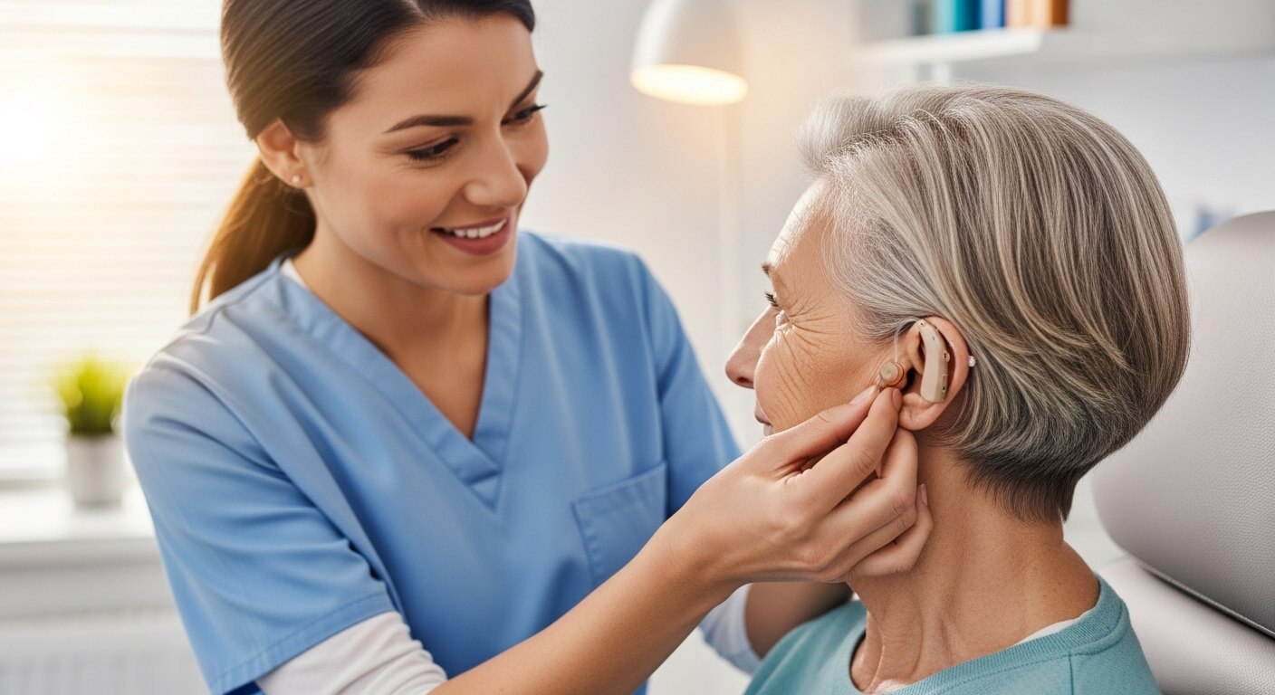 간호사가 회색 머리 여성의 귀에 보청기를 착용해 주는 모습