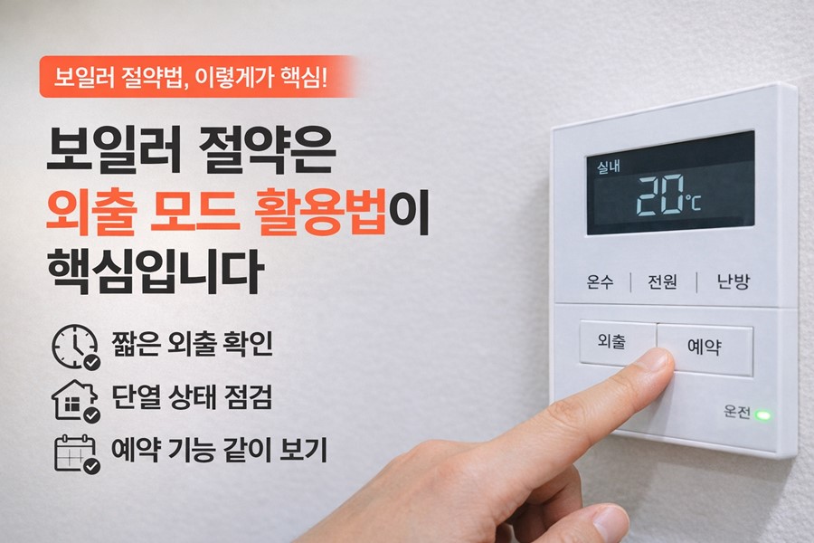짧은 외출 시간, 집 단열 상태, 예약 기능, 동파 방지 여부를 함께 확인해 보일러 외출 모드를 현실적으로 활용하는 방법을 보여주는 이미지입니다.