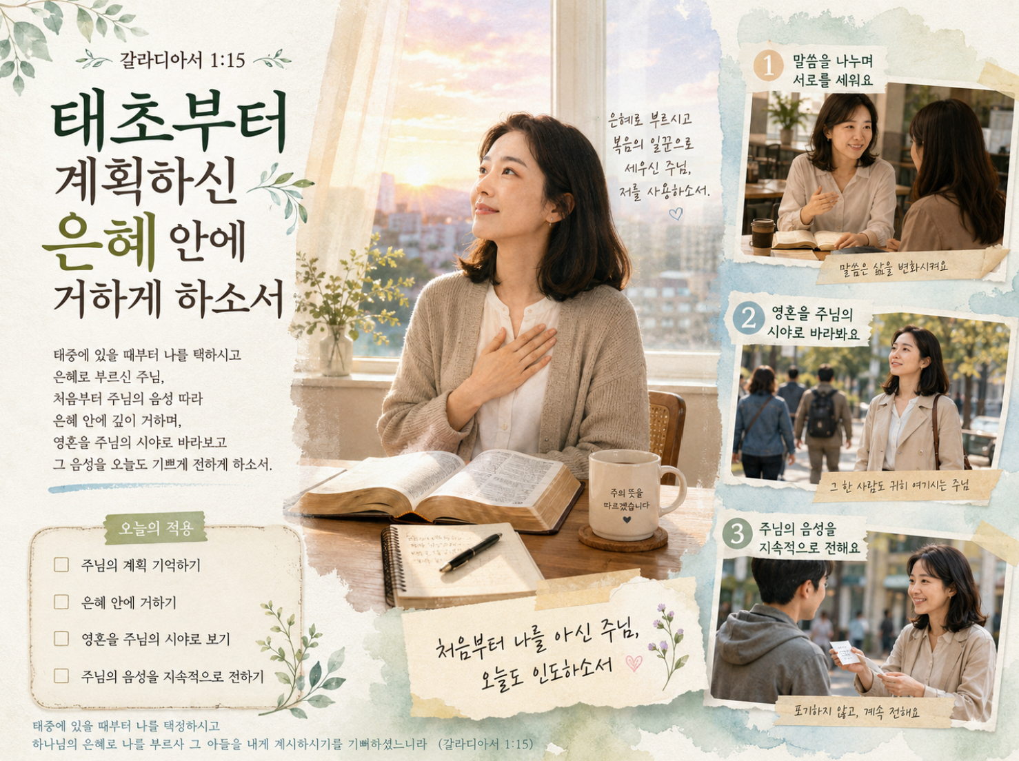 갈 1:15 말씀에서 나를 향하신 하나님의 계획이 태초부터였고 제가 태어나기도 전임을 기억하며 처음부터 인도하신 주님의 음성을 따라 주님의 은혜에 깊이 거하며 주님의 시야로 영혼을 바라보고 주님의 음성을 전하는 시도를 끊임없이 지속하는 모습입니다.