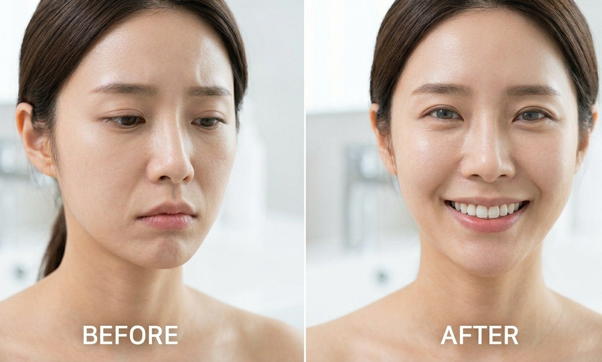 왼쪽(BEFORE)은 무표정하고 팔자주름이 두드러져 보이는 우울한 인상의 여성 사진. 오른쪽(AFTER)은 동일한 자세에서 환하게 웃으며 팔자주름이 거의 보이지 않고 피부 탄력이 개선된 건강한 미소의 여성 사진.