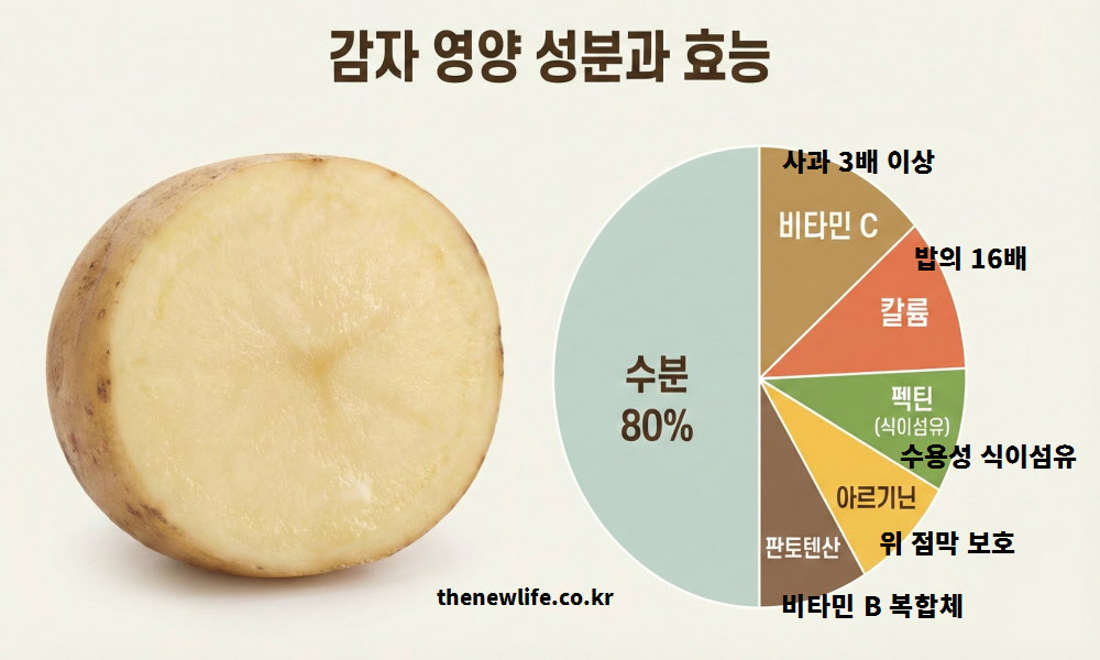 수분 80%, 사과 3배 비타민C, 밥 16배 칼륨, 펙틴, 아르기닌, 판토텐산 등 감자의 주요 영양 성분 비율과 함유량을 한눈에 분석한 원형 차트 인포그래픽