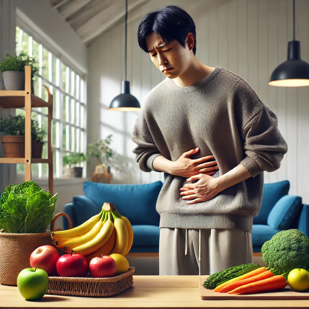 배를 감싸고 불편해하는 사람, 과일과 채소 중심의 장 건강 식단