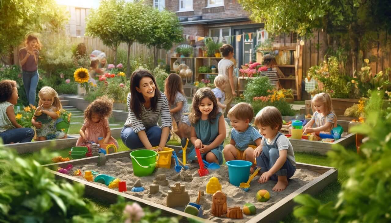 유치원에서 정원놀이로 즐거워하는 아이들