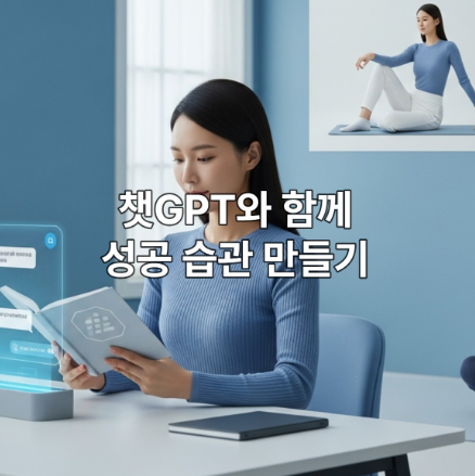 미래형 작업 공간에서 챗GPT와 함께 독서, 운동, 업무 등 자기계발 루틴을 실천하는 여성의 모습. AI가 개인 성장을 돕는 모습을 상징합니다.