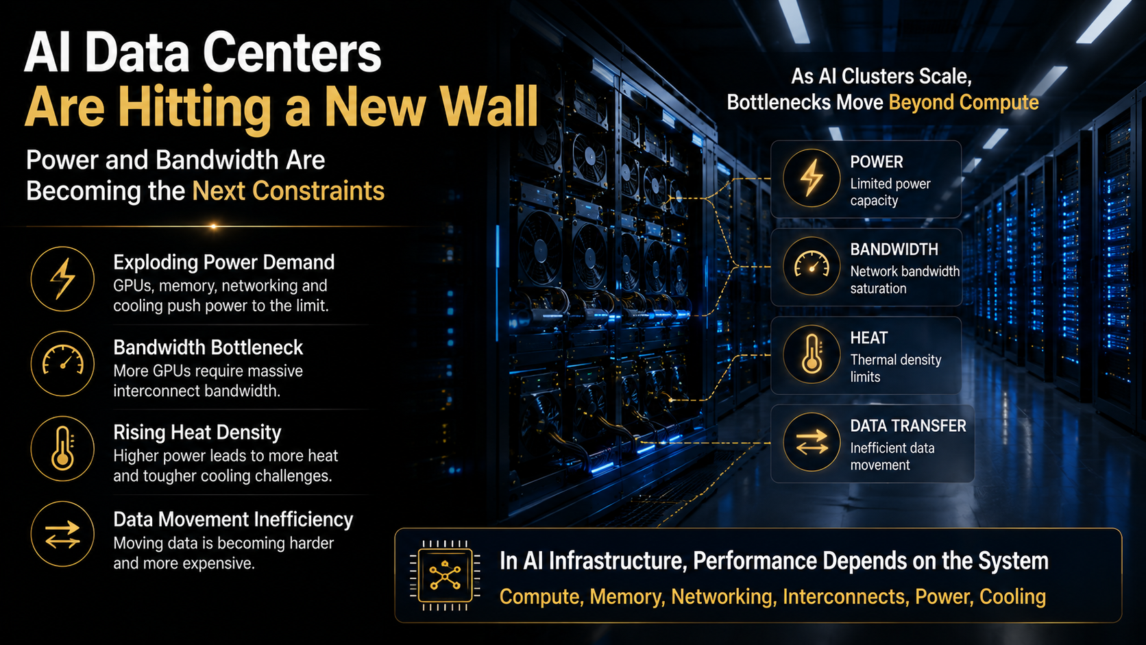 Power bandwidth heat and data movement bottlenecks in large AI data centers