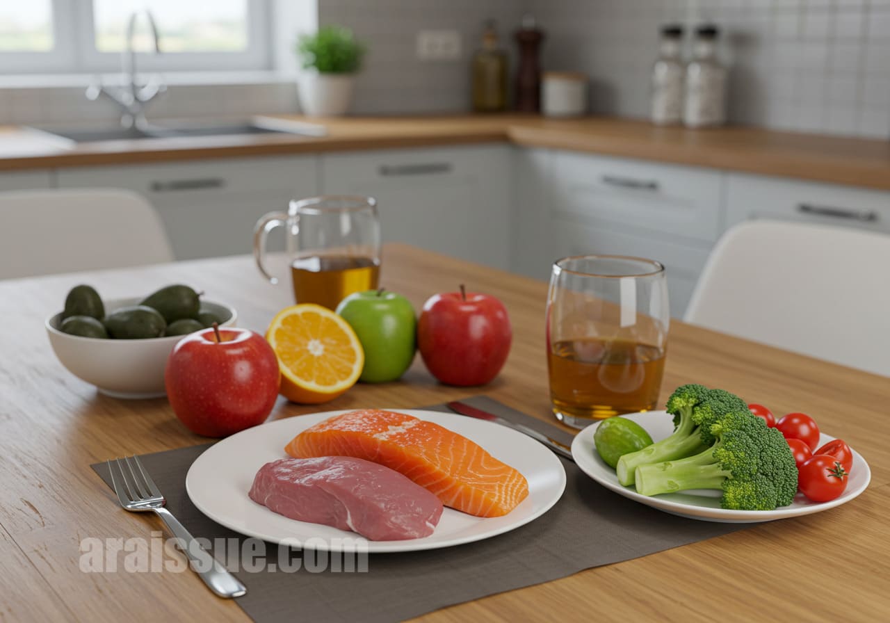 자궁근종 수술 후 회복을 돕는 영양가 높은 식사, 단백질, 채소, 과일이 포함된 균형 잡힌 식단이 현대적인 주방에서 준비되어 있습니다.