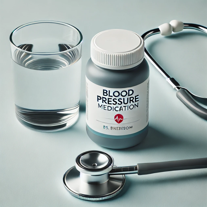 고혈압 약물의 예&amp;#44; 약병과 물잔&amp;#44; 청진기가 함께 배치된 깨끗한 배경.