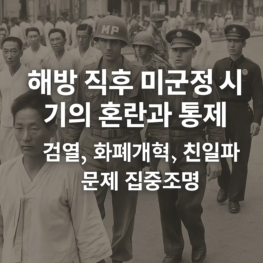 해방 직후 서울 거리에서 미군 헌병과 한국 경찰이 행진하는 장면 위에 ‘해방 직후 미군정 시기의 혼란과 통제 – 검열, 화폐개혁, 친일파 문제 집중조명’이라는 문구가 적힌 흑백풍 그래픽