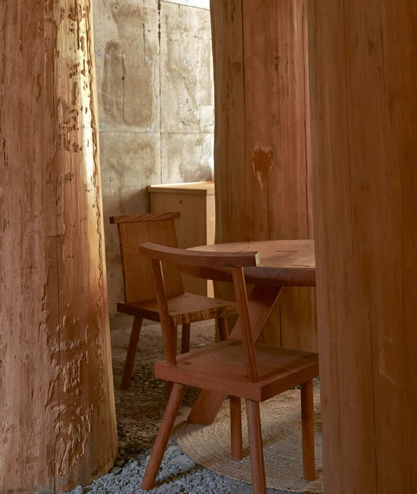일본 우노의 평화로운 숲 같은 사무실 Large tree trunks arrow through tomoaki uno's peaceful forest-like office in japan