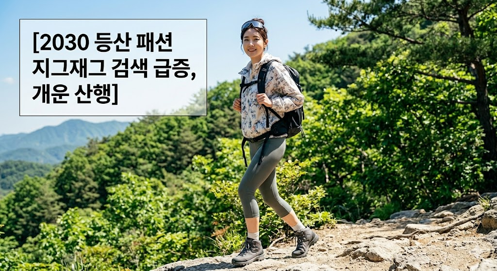 스타일리시한 2030 여성이 기능성 바람막이와 등산가방을 메고 산을 오르는 모습
