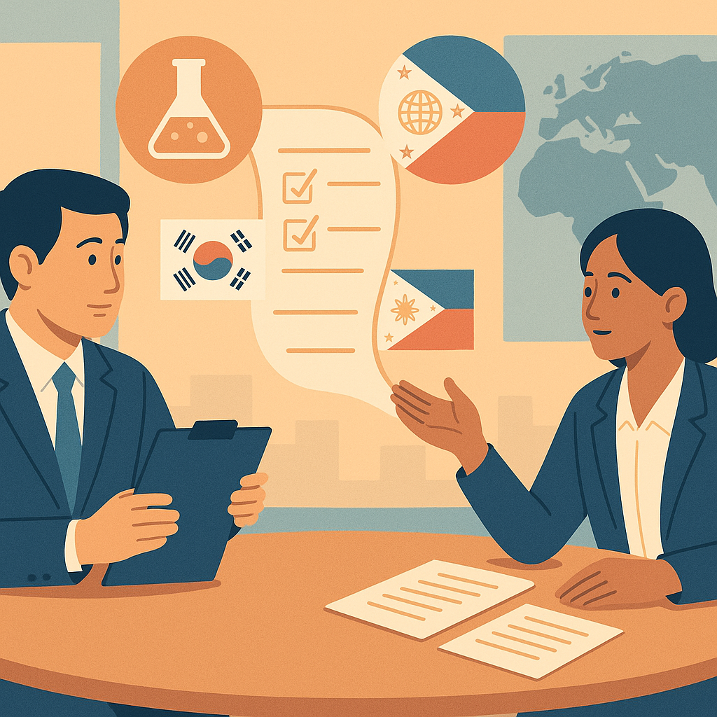 한국 전문가와 필리핀 규제 담당자가 회의실에서 기능성화장품 제도와 위해평가, CGMP 기준을 상징하는 서류와 아이콘을 두고 논의하는 일러스트 장면으로, 식약처-필리핀 FDA 현지교육과 K-뷰티 수출 전략, 화장품 규제 조화를 시각적으로 표현한 배너형 이미지