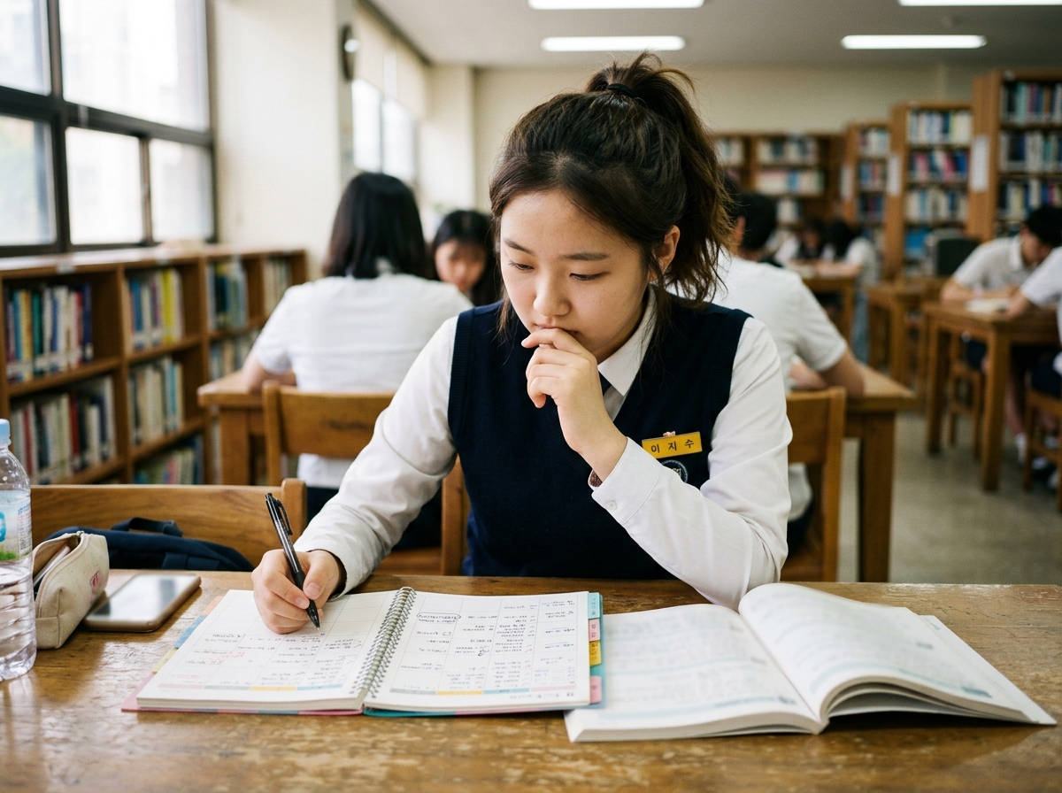 학습 플래너를 보며 자신의 학습 상태를 점검하고 계획을 수정하는 학생