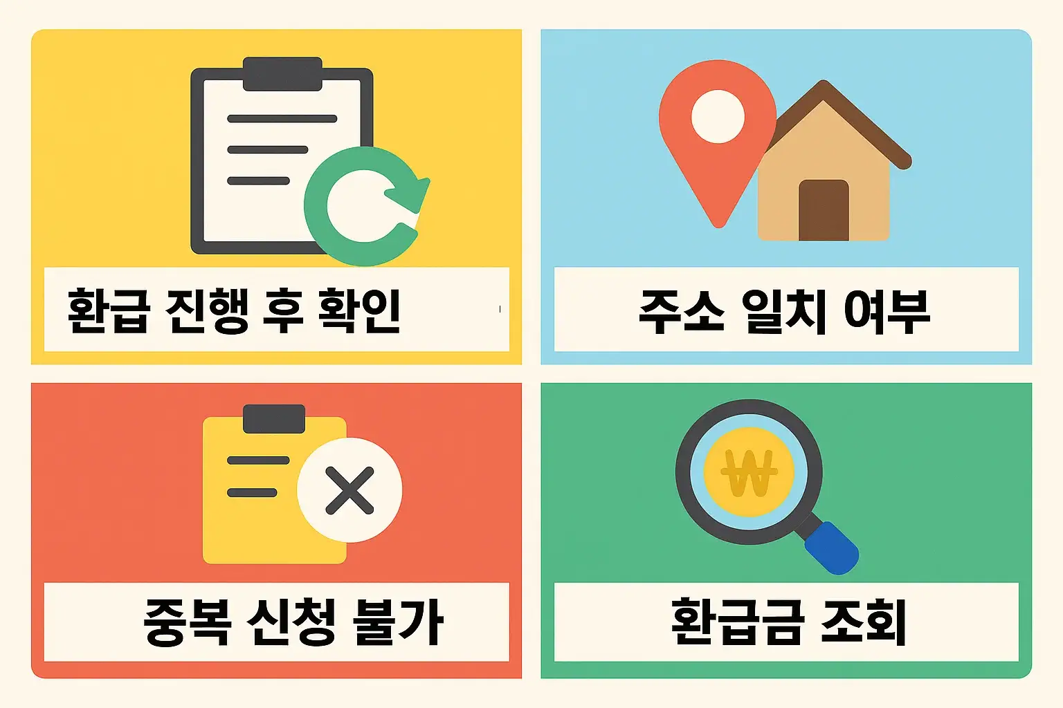 환급 진행 후 조회 방법, 주소 일치 여부 확인, 중복 신청 불가, 환급금 확인 등 월세 환급 완료 후 유의사항을 정리한 인포그래픽입니다.