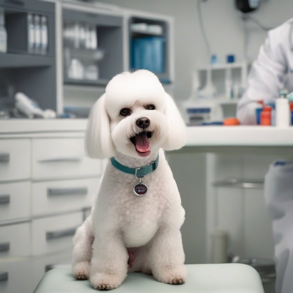 1. 동물병원 진료대에 앉아 수의사가 이빨을 검사하는 흰색 푸들 또는 말티즈 강아지, 밝고 깨끗한 진료실 배경의 실사 사진