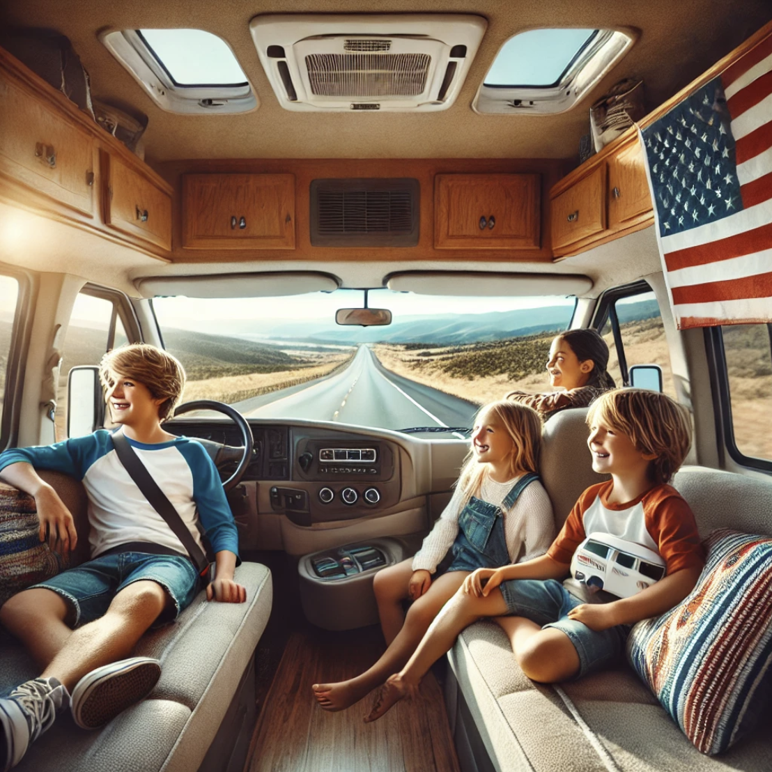 캠핑카 안에서 아이들과 바깥 풍경을 구경하는 모습