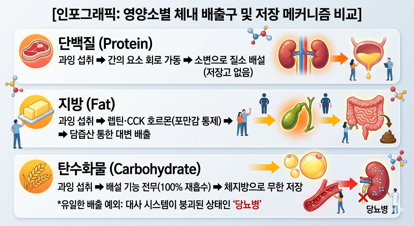alt="단백질이 과잉될 때 소변(요소)으로 배출되는 과정, 지방이 과잉될 때 포만감 신호 및 담즙을 통해 대변으로 배출되는 과정과 대조적으로, 탄수화물은 체내에 정상적인 배설 기능이 없어 전량 재흡수되어 체지방으로 무한 저장되며 오직 당뇨병 상태에서만 소변으로 배출되는 인체의 신비를 나타낸 대사 의학 비교 인포그래픽 구조도"