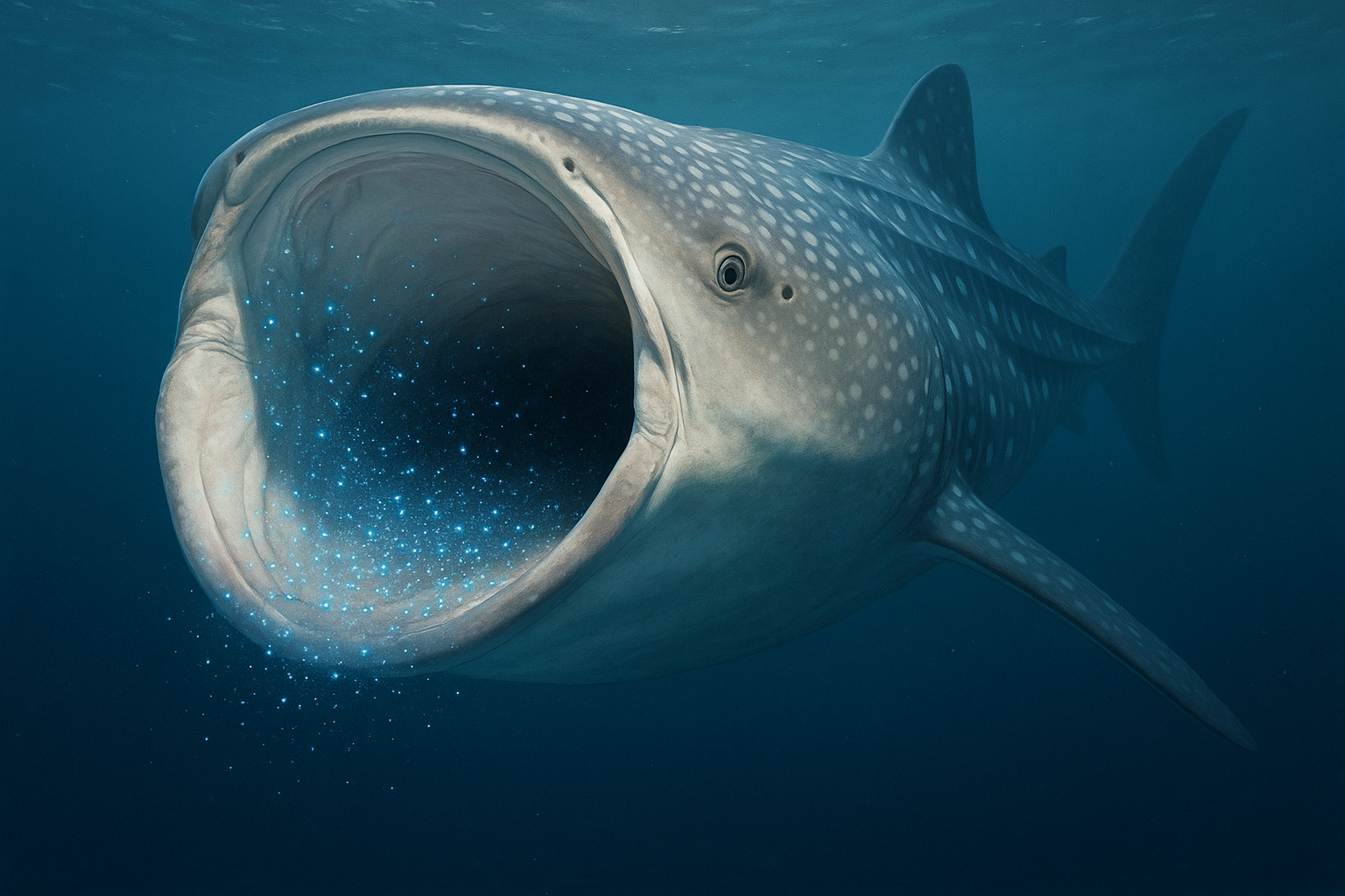 여과섭식으로 먹이를 섭취하는 고래상어 일러스트