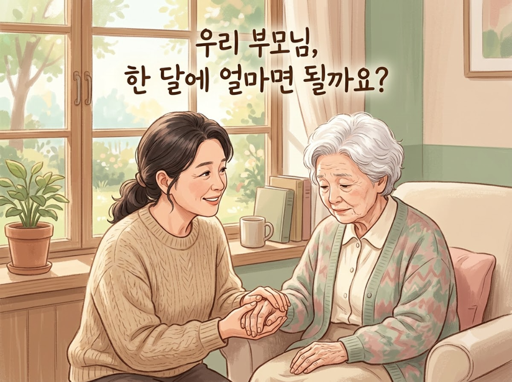 alt="한국인 중년 여성 보호자가 백발의 어르신 손을 잡고 있는 따뜻한 일러스트"