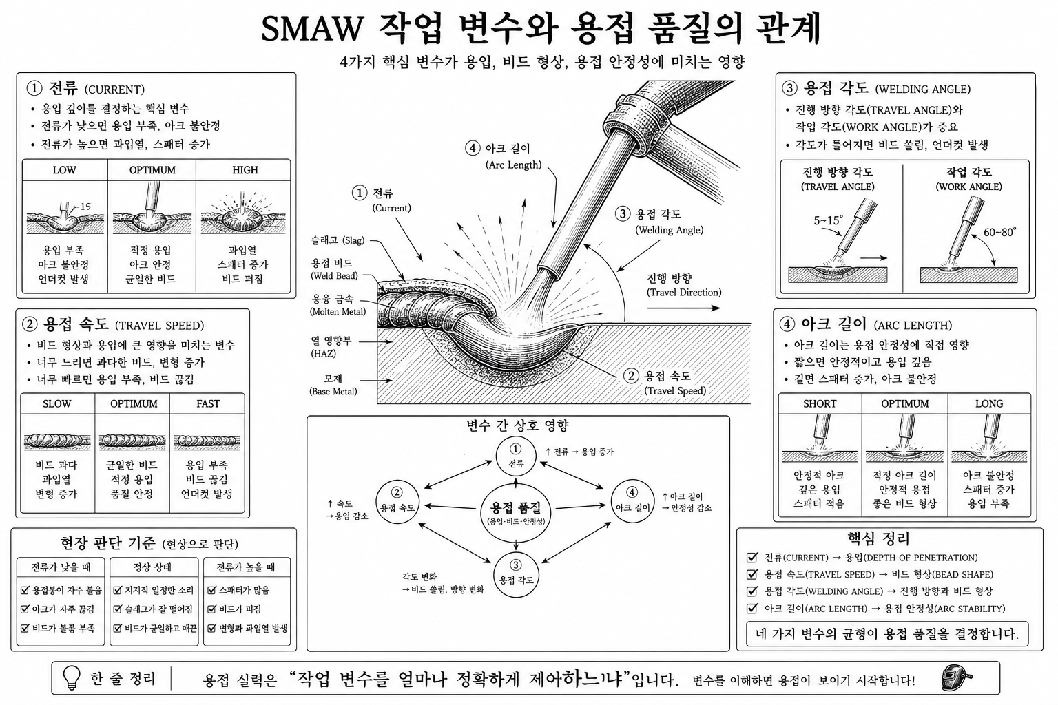SMAW 작업변수와 용접품질의 관계 개념도