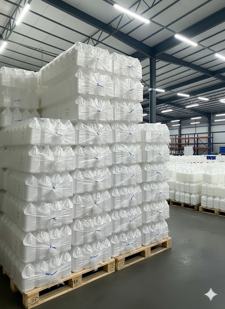 삼양플라스틱의 m4000 HDPE 용기들이 창고에 효율적으로 적재되어 있는 모습. 안정적인 대용량 재고 확보