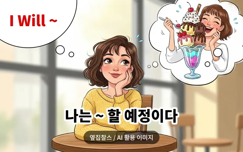 여성이 아이스크림을 먹는 생각을 하고 있다.
