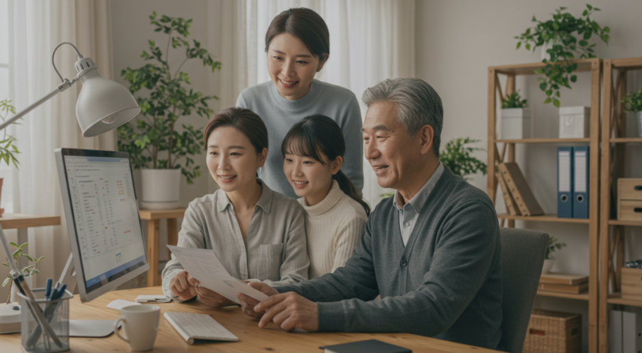 근로장려금 지급을 받고 컴퓨터 모니터를 보면서 행복해하는 가족 모습=사진