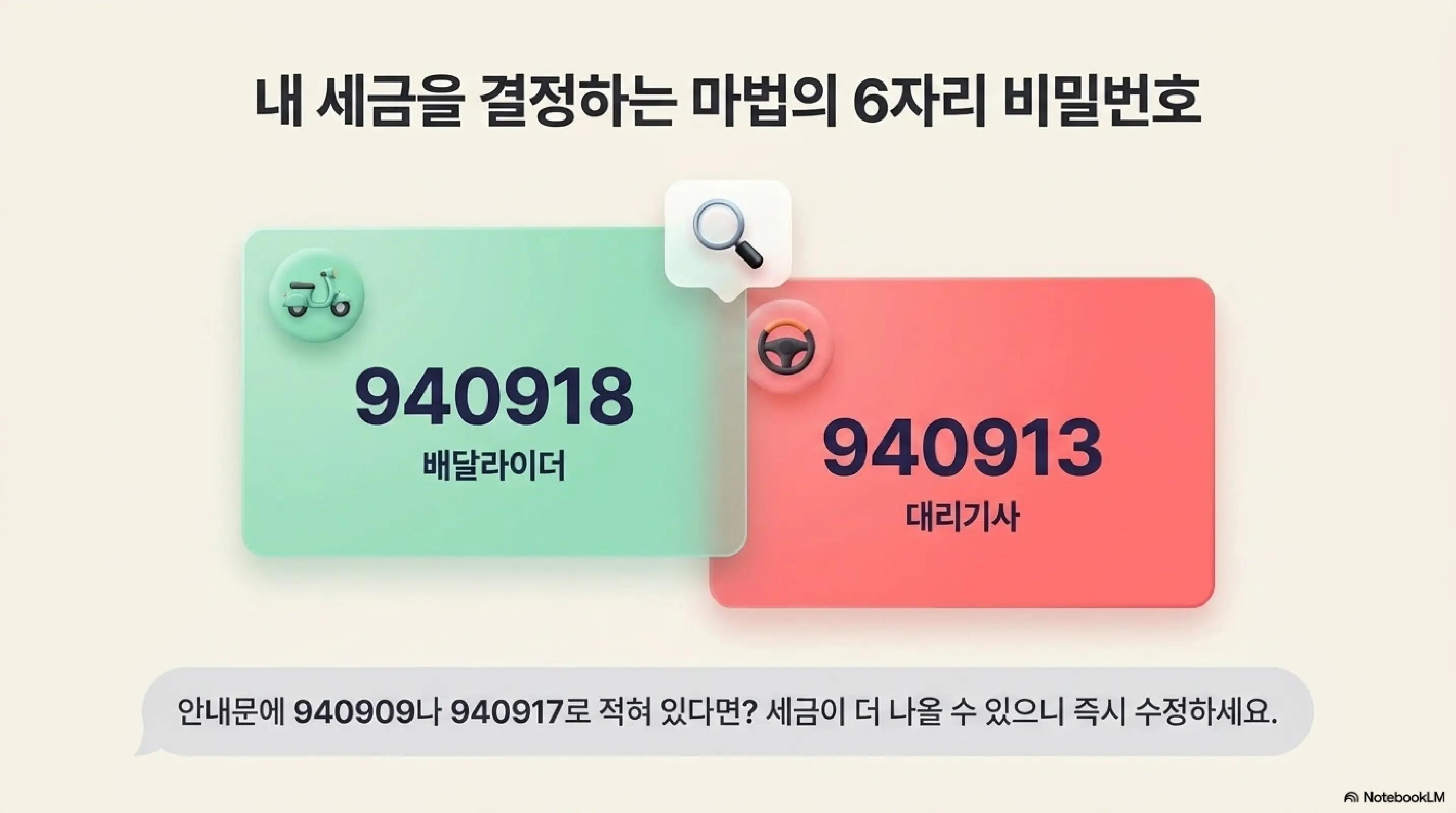 배달라이더 업종코드 940918과 대리기사 업종코드 940913을 카드 형태로 비교하는 인포그래픽. 안내문에 940909나 940917로 적혀 있다면 세금이 더 나올 수 있으니 즉시 수정하라는 안내가 포함된 이미지