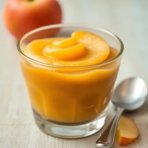 유리 용기에 담긴 따뜻한 사과 퓨레와 작은 스푼이 함께 놓여 있습니다. 익힌 사과의 부드러운 질감과 따뜻한 색감을 강조합니다.