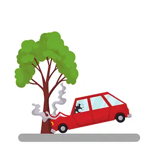 나무에 부딪친 빨간 승용차 이미지