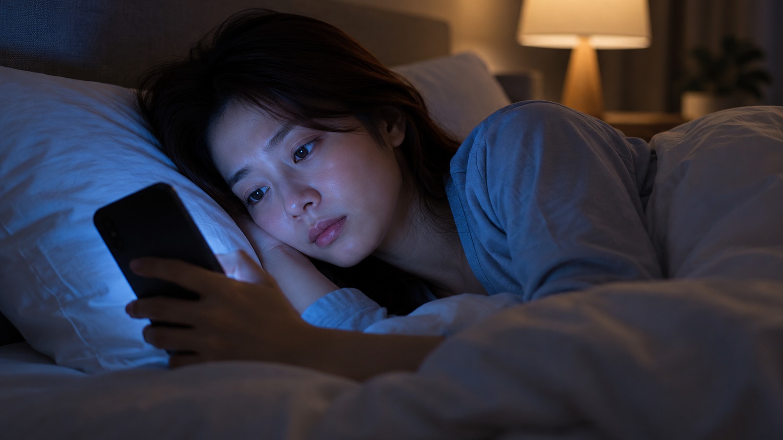 어두운 침실에서 잠들기 전 스마트폰 화면을 보고 있는 사람의 생활 장면