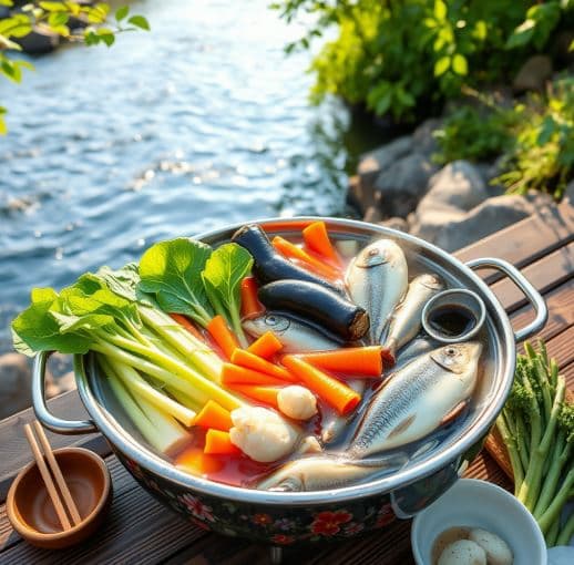 강변 민물찜 – 자급한 민물고기와 채소를 함께 찐 지역 요리