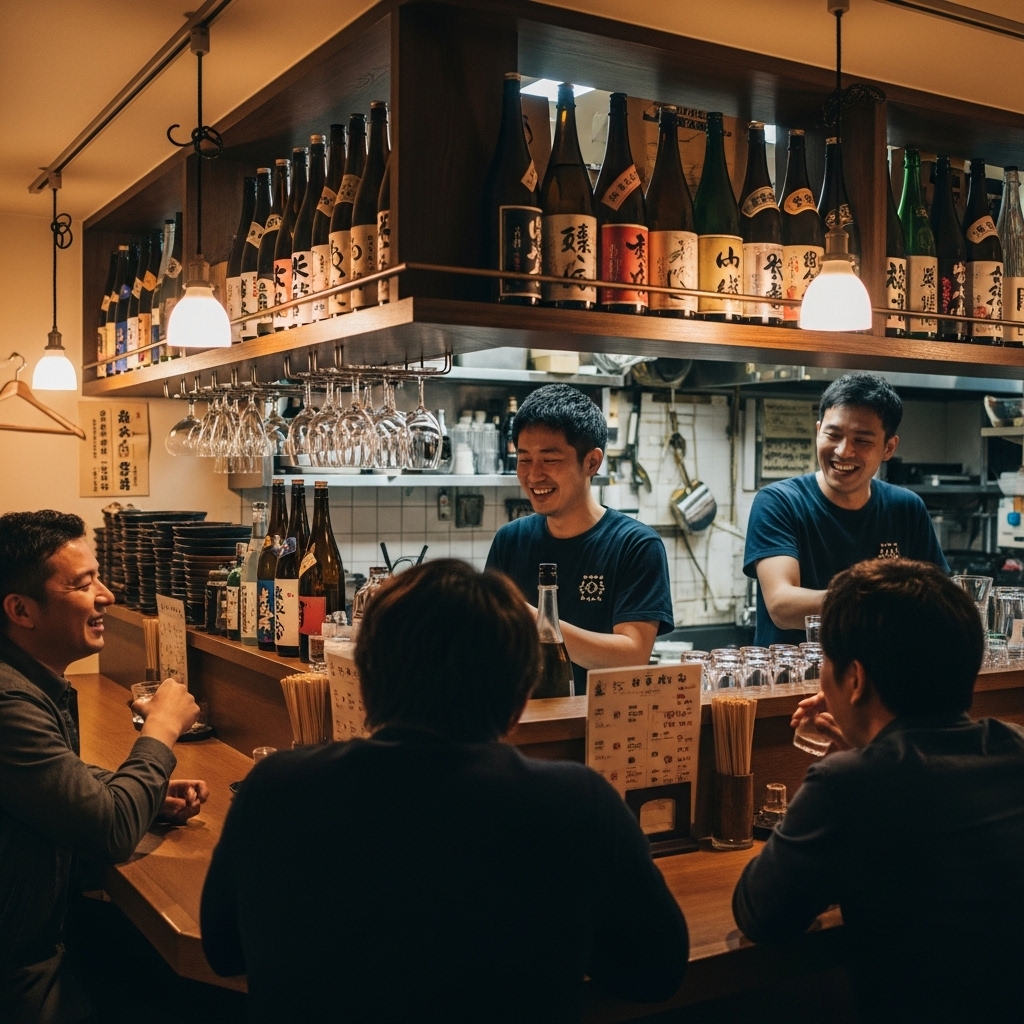이자카야 안의 아늑한 바 카운터. 바텐더와 손님이 서로 이야기하며 웃고 있고, 다양한 술병이 진열되어 있는 모습