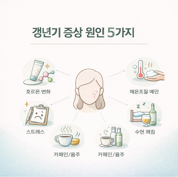 갱년기 증상 원인 5가지를 호르몬 변화, 체온조절, 수면, 스트레스, 카페인/음주로 정리한 인포그래픽