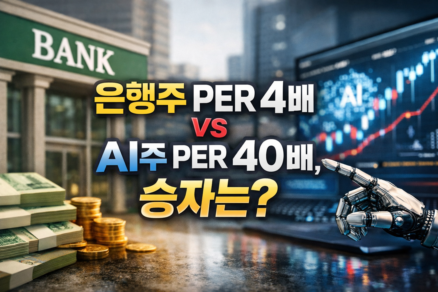 은행 건물과 AI 주식 차트 화면을 배경으로 &lsquo;은행주 PER 4배 vs AI주 PER 40배, 승자는?&rsquo; 텍스트가 있는 썸네일