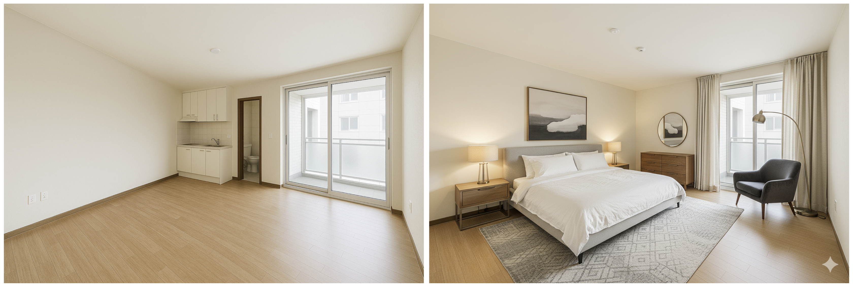 빈 공간이 따뜻한 북유럽 스타일의 거실겸 침실로 변신한 모습