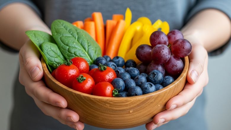 건강한 라이프스타일을 실천하는 모습 - 신선한 채소와 과일이 담긴 나무 그릇을 들고 있는 사람