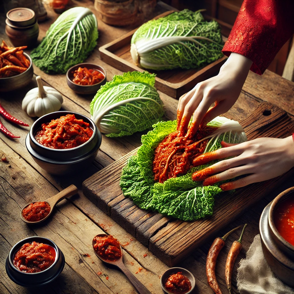 전통적인 한국 주방에서 김장김치를 담그는 모습, 배추와 김치 양념이 테이블 위에 놓여 있는 장면